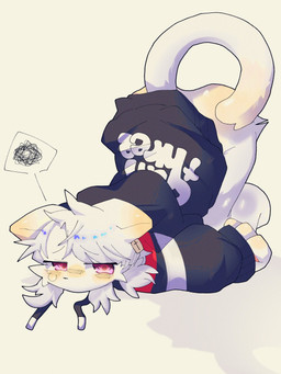 anthro ass_up blush bodily_fluids bottomless clothed clothing ear_piercing ear_ring emanata frustration_cloud fur hair hoodie hoodie_only kemono paws piercing ring_piercing short_hair simple_background solo speech_bubble sweat sweatdrop tail topwear topwear_only white_background white_body white_fur white_hair aellaellae felid mammal 2025 3:4 hi_res