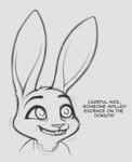 bodily_fluids buckteeth drugged ears_up female humor shaking smile solo substance_intoxication sweat teeth text conditional_dnp tuftbox disney zootopia judy_hopps lagomorph leporid mammal rabbit 2023 english_text monochrome sketch