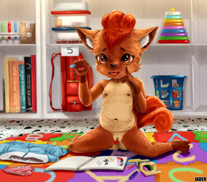 anthro areola backpack biped black_markings black_nose cheek_tuft claws clothing countershade_torso countershading crayon discarded_clothing eyebrows facial_tuft female flat_chested front_view fur genitals gloves_(marking) head_tuft holding_crayon humanoid_genitalia humanoid_vulva inner_ear_fluff inside kindergarten kindergarten_uniform kneeling leg_markings markings multicolored_body navel nipples nude object_in_pussy open_mouth penetration pokemorph public red_body red_fur socks_(marking) solo tan_body tan_countershading tan_fur teeth text toddler toe_claws tongue tuft two_tone_body vaginal vaginal_penetration vulva young young_anthro young_female jader nintendo pokemon generation_1_pokemon pokemon_(species) vulpix 2026 english_text hi_res