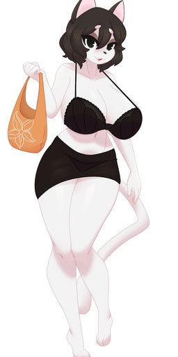 3_toes 5_fingers anthro bag bangs big_breasts black_bottomwear black_bra black_clothing black_eyes black_hair black_nose black_skirt black_underwear bottomwear bra breasts brown_eyeshadow clothed clothing eyebrow_through_hair eyebrows feet female fingers fur hair holding_object navel open_mouth simple_background skimpy skirt solo tail toes translucent translucent_hair underwear white_background white_body white_fur dullyarts unnamed_character domestic_cat felid feline felis mammal 2023 hi_res