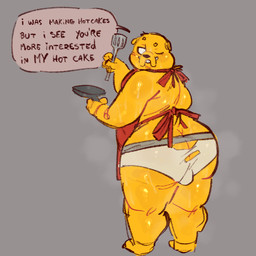 anthro apron apron_bow big_butt bodily_fluids briefs bulge bulge_from_behind butt clothing cookware dialogue frying_pan kitchen_utensils looking_at_viewer looking_back looking_back_at_viewer male one_eye_closed overweight overweight_male solo sweat sweaty_butt text tighty_whities tools torn_clothing torn_underwear underwear white_briefs white_clothing white_underwear wink winking_at_viewer yellow_body fluffo_boyo adventure_time cartoon_network jake_the_dog bulldog canid canine canis domestic_dog mammal mastiff molosser 1:1 absurd_res english_text hi_res
