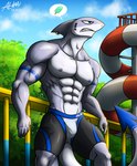 abs amusement_park anthro barcode barcode_tattoo blue_eyes bodily_fluids bottomwear clothed clothing dessert food grey_body male moobs multicolored_body muscular muscular_anthro muscular_male navel nipples pecs piercing solo sweat swimming_pool swimwear swimwear_only tattoo teeth topless topless_anthro topless_male two_tone_body water_park alkan luke_(alkan) fish marine shark absurd_res hi_res