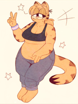 3_toes :3 anthro barefoot belly belly_overhang biped black_clothing black_eyes black_shirt black_stripes black_topwear bottomwear breasts cleavage clothed clothing crop_top crossbar_emanata crossgender emanata eyebrow_through_hair eyebrows feet female fur grey_bottomwear grey_clothing grey_pants hair half-closed_eyes lgbt_pride medium_breasts mtf_crossgender narrowed_eyes navel orange_body orange_fur orange_hair overweight overweight_anthro overweight_female pants pink_nose pointy_ears ponytail prick_ears pride_colors shirt solo star stripes thick_thighs toes topwear transgender_pride_colors translucent translucent_hair wide_hips wristband wolfertinger garfield_(series) garfield_the_cat domestic_cat felid feline felis mammal 2023 hi_res trans_(lore) trans_man_(lore)