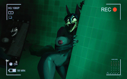 anthro big_breasts black_body black_fur black_hair bone breasts camera_view claws female fur genitals hair nipples nude open_mouth recording skull skull_head solo tail text kochinsfw scp_foundation scp-1471-a canid canine malo mammal english_text hi_res