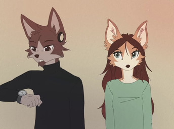 5_fingers anthro beard black_clothing black_sweater black_topwear black_turtleneck brown_body brown_eyes brown_fur brown_hair clock clothed clothing countershade_fur countershading dialogue duo ear_piercing eye_contact eyebrow_piercing facial_hair facial_piercing female fingers fully_clothed fur green_clothing green_shirt green_topwear grey_eyes hair humor inner_ear_fluff long_hair looking_at_another looking_at_object male nose_piercing piercing pointy_ears prick_ears profanity shirt sigh smile sweater tail tail_motion talking_to_another the_truth topwear tuft turtleneck watch yshanii cotton_(yshanii) tinygaypirate_(fursona) canid canine canis dingo domestic_dog mammal 2026 2d_animation animated frame_by_frame short_playtime sound voice_acted webm