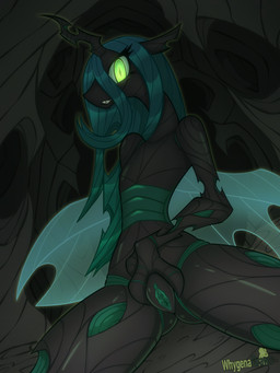 anthro biped black_body claws detailed_background eyelashes female genitals green_eyes green_vulva hair horn multicolored_body pupils smile smirk solo standing teeth vulva wings whygena arthropod equid equine horse mammal pony absurd_res hi_res