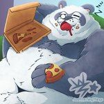 anthro belly_hair belly_tuft bodily_fluids body_hair chest_hair chest_tuft container drooling fat_neck fat_rolls food food_stains freckles fur grey_body grey_fur hand_behind_head hand_on_belly holding_food holding_object lying male multicolored_body navel obese obese_male open_mouth overweight overweight_male pizza pizza_box resting saliva sleeping solo sound_effects teeth tuft two_tone_body vowelless vowelless_sound_effect white_body white_fur zzz justwatchingthings nix_(justwatchingthings) bear giant_panda mammal half-length_portrait hi_res portrait
