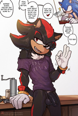 anthro balls band_shirt black_penis bottomless chest_tuft clothed clothing dialogue duo ear_piercing ear_ring fellatio_gesture flaccid foreskin genitals gesture lean_muscle male male/male off_shoulder penis piercing pose ring_piercing smile solo_focus spit-take suggestive suggestive_gesture teasing teeth text tuft vein veiny_penis spiritd sega sonic_the_hedgehog_(series) shadow_the_hedgehog sonic_the_hedgehog eulipotyphlan hedgehog mammal 2025 english_text hi_res portrait three-quarter_portrait