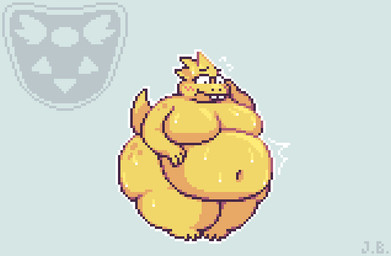anthro belly belly_overhang big_belly big_breasts big_cheeks blush bodily_fluids breasts buckteeth chubby_cheeks delta_rune_(emblem) embarrassed eyewear eyewear_only female flying_sweatdrops freckled_hips freckled_shoulders freckles glasses glasses_only grey_background huge_belly huge_breasts huge_hips huge_thighs looking_at_own_belly looking_at_self navel nude obese obese_anthro obese_female outline overweight overweight_anthro overweight_female simple_background solo standing sweat sweatdrop sweaty_belly sweaty_breasts symbol tail teeth thick_thighs three-quarter_view wearing_glasses white_outline wide_hips yellow_body jellybru undertale_(series) alphys reptile scalie 2024 digital_media_(artwork) full-length_portrait pixel_(artwork) portrait signature