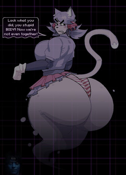 angry animal_ears anthro bell big_breasts big_butt bottomwear breasts bubble_butt butt cat_tail checkered checkered_background clothed clothing clothing_lift dipstick_tail dress dress_lift female female_humanoid frilly frilly_clothing ghost_tail gloves grey_body grey_hair hair handwear huge_butt inner_ear_fluff markings panties pattern_background pattern_bottomwear pattern_clothing pattern_panties pattern_underwear short_hair side_boob simple_background solo striped_bottomwear striped_clothing striped_panties striped_underwear stripes tail tail_markings teeth text text_box tuft underwear ephemeralscooge deltarune undertale_(series) mad_mew_mew pink_(deltarune) animal_humanoid felid felid_humanoid feline feline_humanoid ghost humanoid mammal mammal_humanoid spirit 2026 digital_drawing_(artwork) digital_media_(artwork) english_text hi_res