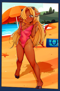 anthro areola areola_slip beach biped blonde_hair breasts brown_body camel_toe clothed clothing cloven_hooves detailed_background eyelashes female hair hair_over_eye hooves long_hair one-piece_swimsuit outside pupils solo standing swimwear thick_thighs umbrella ai_assisted ai_generated_background sicmop bovid caprine mammal 2:3 absurd_res alpha_channel hi_res
