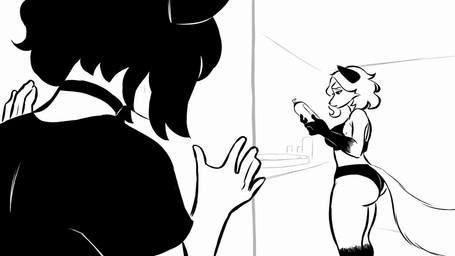 :3 anthro armwear big_breasts big_butt black_ears black_eyes bottle bottomwear bra breasts butt choker cleavage clothed clothing container crop_top dialogue duo female grimace hair halo handwear holding_bottle holding_container holding_object jewelry midriff necklace open_:3 panties shampoo_bottle shirt short_hair shorts standing tail text thick_thighs topwear underwear underwear_only wide_hips emmpyfour cat_(emmpyfour) karen_(emmpyfour) animal_humanoid canid canine canis cat_humanoid felid felid_humanoid feline feline_humanoid fox humanoid mammal mammal_humanoid 16:9 animated english_text hi_res long_playtime monochrome no_sound video widescreen