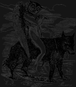 ambiguous_gender claws cloud duo feathered_wings feathers feral for_a_head fur holding_melee_weapon holding_object holding_sword holding_weapon male melee_weapon nude_humanoid outside reins sitting_on_another sword weapon wings louis_le_breton dictionnaire_infernal mythology andras_(mythology) animal_head animal_humanoid avian bird canid canine canis demon humanoid hybrid mammal owl wolf 1863 19th_century alpha_channel ancient_art black_and_white hi_res monochrome signature