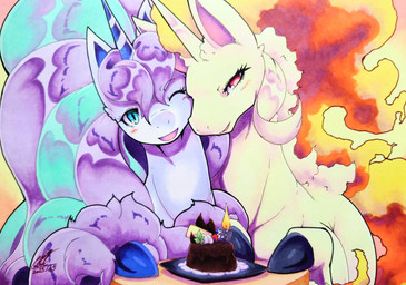 ambiguous_gender blue_eyes blush blush_lines cake candle dessert duo eyelashes feral food hooves horn looking_at_viewer one_eye_closed open_mouth pink_eyes simple_background white_body yellow_body 025aki mythology nintendo pokemon equid equine galarian_form galarian_rapidash generation_1_pokemon generation_8_pokemon mammal mythological_creature mythological_equine pokemon_(species) rapidash regional_form_(pokemon) unicorn 2025 absurd_res dated hi_res signature
