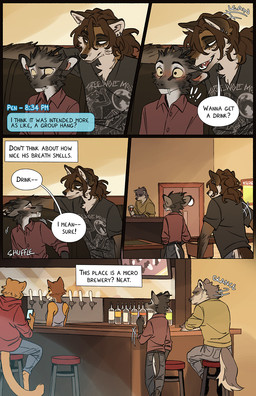 anthro bar bartender biped black_nose blush booth_seating brown_body brown_eyes brown_fur canine_teeth chair cheek_tuft clothed clothed_anthro clothing dialogue duo facial_tuft female fluffy fluffy_tail fur furniture grey_body grey_fur head_tuft inner_monologue male message_box pointy_ears prick_ears sitting snout speech_bubble standing table tail tan_body tan_fur text text_box text_message texting thinking tuft tusks yellow_sclera falco_works cameron_(falco_works) indy_(justroadkill) pen_(falco_works) canid canine canis cervine coyote deer fox mammal tufted_deer wolf 2025 comic digital_media_(artwork) english_text hi_res