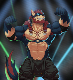 abs anthro barazoku beard belly big_muscles black_nose blue_body blue_eyebrows blue_fur bottomwear clothing cocky_smile dreadlocks elbow_pads eyebrows facial_hair front_view fur grin hair jewelry long_hair looking_at_viewer male muscular muscular_anthro muscular_male nipples pecs pose red_body red_fur simple_background smile solo standing teeth wrestling_outfit hugothecorgo wolfier_indygo canid canine canis mammal wolf absurd_res digital_media_(artwork) hi_res