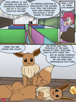 animal_genitalia balls blue_eyes brown_body brown_eyes brown_fur daycare dialogue dipstick_tail ear_piercing feral fully_sheathed fur genitals lying male male_focus markings on_side open_mouth open_smile piercing ruff sheath smile speech_bubble tail tail_markings tail_motion tailwag tan_body tan_fur text donnerkat nintendo pokemon eevee generation_1_pokemon human mammal pokemon_(species) animated animated_webp comic english_text hi_res