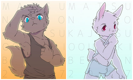 anthro black_body black_fur border duo fur male shota white_body white_border white_fur young young_anthro young_male oouyuki_benten canid canine canis lagomorph leporid mammal rabbit wolf 2017