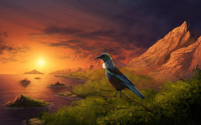 ambiguous_gender black_body black_feathers blue_body blue_feathers branch chest_tuft detailed_background feathers feral green_body green_feathers grey_cloud mountain multicolored_body multicolored_feathers new_zealand on_branch outside sea seaside sky solo sun sunset tuft water creeperman0508 ambient_bird avian bird honeyeater oscine passerine tui_(bird) 2019