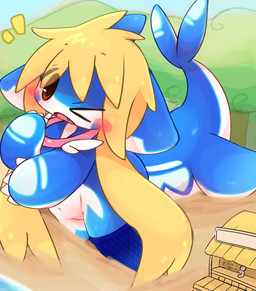 ambiguous_gender belly big_tail blonde_hair blue_body blue_fin blue_tail blush brown_eyes claws duo extreme_size_difference fin hair huge_tail kemono larger_taur macro one_eye_closed pink_neckwear seaside size_difference smaller_human solo_focus tail tail_fin taur_focus text white_belly white_claws melmoku anon kanon_(melttt08) aquatic aquatic_taur cetacean cetacean_taur human mammal mammal_taur taur hi_res japanese_text translated