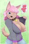 anthro big_breasts blue_eyes breasts chest_tuft clothed clothing collar female flashing hair heart_symbol nipples one_breast_out one_eye_closed pink_hair simple_background solo sweater text tongue topwear tuft wink zipper zipper_down zipper_sweater zipper_topwear twistedlilheart canid canine canis domestic_dog mammal hi_res