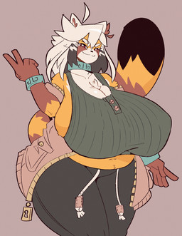 anthro big_breasts breasts chest_tuft cleavage closed_smile clothed clothed_anthro clothed_female clothing collarbone dipstick_tail eyebrow_through_hair eyebrows eyelashes female fur gesture hair hand_gesture huge_breasts hyper hyper_breasts jacket looking_at_viewer markings mouth_closed navel open_clothing open_jacket open_topwear orange_body orange_fur red_eyes simple_background smile solo striped_markings striped_tail stripes tail tail_markings topwear translucent translucent_hair tuft v_sign white_hair low_res_art kiki_(low_res_art) ailurid mammal red_panda absurd_res digital_drawing_(artwork) digital_media_(artwork) english_description hi_res