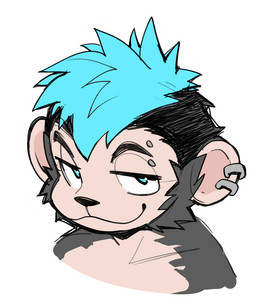 :3 anthro biped black_body black_fur black_hair blue_eyes blue_hair ear_piercing ear_ring eyebrow_scar eyebrows facial_scar fur hair half-closed_eyes looking_at_viewer male narrowed_eyes piercing ring_piercing scar solo oouyuki_benten haplorhine mammal monkey primate 2025 5:6 hi_res