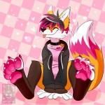 ambiguous_gender anthro black_hair bottomless checkered checkered_background choker claws clothed clothing countershading feet foot_focus fur hair happy heart_symbol hindpaw hoodie jewelry multicolored_hair necklace orange_body orange_fur pattern_background pawpads paws pink_body pink_fur pink_hair simple_background solo tongue topwear white_body white_fur yellow_body yellow_fur optibyte faxy_(pillo) canid canine fox mammal 1:1 hi_res