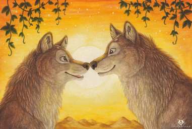 boop brown_body brown_eyes brown_fur duo feral fur inner_ear_fluff leaf mountain open_mouth outside plant sky star sun teeth tuft dolphydolphiana canid canine canis mammal wolf signature