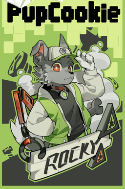 anthro baseball_cap black_clothing black_shirt black_topwear clothing collar grey_body hand_on_hat hat headgear headwear holding_clothing holding_hat holding_headgear holding_headwear holding_object jacket male mouth_closed red_eyes shirt solo standing three-quarter_view topwear rakkasei paw_patrol rocky_(paw_patrol) canid canine canis domestic_dog mammal mixed_breed hi_res