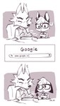 age_difference anthro chair clothed clothing computer computer_keyboard computer_mouse dress_shirt duo ears_down electronics eyebrows eyewear furniture glasses hair humor male necktie open_mouth pivoted_ears question_mark shirt sitting sound_effects standing text topwear vest darmp animal_crossing google nintendo dobie_(animal_crossing) raymond_(animal_crossing) canid canine canis domestic_cat felid feline felis mammal wolf 2020 absurd_res black_and_white comic english_text hi_res monochrome