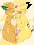 anthro duo erection eyes_closed frottage genitals hands_touching happy heart_eyes heart_symbol male male/male open_mouth orange_body penile penis sex side_view tail yellow_body nekonade nintendo pokemon generation_1_pokemon generation_9_pokemon pawmot pikachu pokemon_(species) 2023 absurd_res hi_res japanese_description