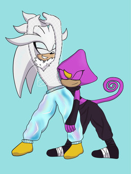 anthro black_bottomwear black_clothing black_nose black_pants blue_background bottomwear clothing curled_tail duo eyes_closed fishnet_clothing fishnet_topwear fur humanoid_hands leaning_on_another male pants purple_body raised_arms simple_background smile standing tail tan_body tan_fur thin_tail topwear white_body white_fur jadeaphire sega sonic_the_hedgehog_(series) espio_the_chameleon silver_the_hedgehog chameleon eulipotyphlan hedgehog lizard mammal reptile scalie 3:4 digital_drawing_(artwork) digital_media_(artwork) english_description hi_res