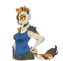 anthro blonde_hair bottomwear claws clothing denim denim_bottomwear denim_clothing ear_piercing ear_ring fangs female finger_claws fluffy fluffy_tail green_eyes hair hand_on_hip jewelry locket long_tail necklace open_mouth pawpads piercing pointy_ears ring_piercing shirt short_hair side_view simple_background solo tail tank_top teeth topwear ruffu unnamed_character calico_cat domestic_cat felid feline felis mammal digital_drawing_(artwork) digital_media_(artwork) half-length_portrait portrait