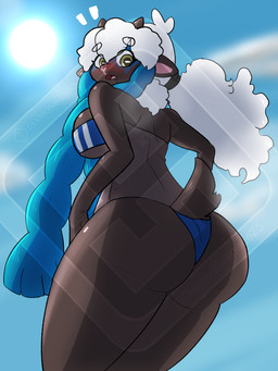 anthro big_butt blue_hair blush breasts brown_body butt clothing female fusion hair one-piece_swimsuit pokemon_fusion rear_view solo sun surprised swimwear translucent translucent_clothing translucent_swimwear white_hair yellow_eyes diamond_grenadier gris_swimsuit meme_clothing nintendo pokemon zenia_the_wooloo_zacian generation_8_pokemon legendary_pokemon pokemon_(species) wooloo zacian distracting_watermark meme watermark