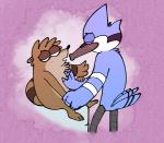 anthro beak bedroom_eyes blue_body blue_feathers blush brown_body brown_fur brown_markings chest_tuft duo feathers fur hand_on_chest kissing male male/male markings narrowed_eyes seductive simple_background size_difference tuft white_markings fudatsu cartoon_network regular_show mordecai_(regular_show) rigby_(regular_show) avian bird blue_jay corvid jay_(bird) mammal new_world_jay oscine passerine procyonid raccoon