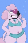 anthro blue_background bra breasts cigarette clothing female lipstick looking_at_viewer makeup navel nude overweight overweight_anthro overweight_female simple_background slightly_chubby smile smoking solo tail thick_thighs underwear mangneto almost_naked_animals cartoon_network poodle_(almost_naked_animals) canid canine canis domestic_dog mammal poodle