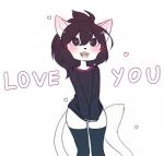 anthro black_hair blush clothed clothing covering covering_self female fur hair heart_symbol legwear looking_at_viewer open_mouth solo standing stockings sweater text topwear white_body white_fur suelix mercy_(suelix) domestic_cat felid feline felis mammal 2017 digital_media_(artwork) english_text hi_res male_(lore)