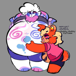 ambiguous_gender anthro areola belly belly_grab belly_markings big_belly blush dialogue dizzy_eyes duo female grey_background markings navel obese outie_navel overweight sentient_markings simple_background spiral spiral_eyes tail tail_motion tailwag teasing text white_body conditional_dnp tuvandalist canid canine mammal 1:1 english_text hi_res trans_(lore) trans_woman_(lore)