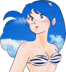 1980s_theme animal_print bikini blue_eyes blue_hair blue_sky breasts clothing cone_horns female hair horn lips long_hair looking_up medium_breasts non-web_source oldschool pointy_ears red_lips retro_artstyle simple_background sky solo strapless_bikini strapless_clothing strapless_swimwear swimwear teeth tiger_print two-piece_swimsuit upper_teeth_only white_background takahashi_rumiko urusei_yatsura lum_(urusei_yatsura) humanoid mixed_media official_art painting_(artwork) photography_(artwork) traditional_media_(artwork) watercolor_(artwork)