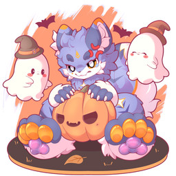 blue_body blue_fur blue_tail food fruit fur holidays kemono male pawpads paws plant pumpkin tail xinglinstarrin halloween starrin canid canine canis ghost mammal spirit wolf 1:1 absurd_res hi_res