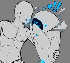 5_fingers aroused blush blush_lines breath covering covering_face duo embarrassed exclamation_point eyeless eyes_closed female fingers genitals grey_background hand_on_side heart_symbol hearts_around_head machine male male/female male_human not_furry screen screen_face simple_background smile smirk dibujito disney pixar wall-e eve_(wall-e) extraterrestrial_vegetation_evaluator human mammal robot 2025 restricted_palette sketch