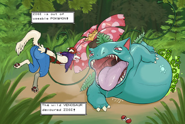 abdominal_bulge ambiguous_gender anthro belly belly_on_ground big_belly blue_body blue_scales bodily_fluids claws day dialogue_box duo feral foot_on_belly forest huge_belly imminent_oral_vore imminent_vore lying on_side open_mouth outside plant pokeball rumbling_stomach saliva scales sharp_teeth teeth tentacles text tongue tongue_out tree uvula vine_tentacles vine_whip vore longscary nintendo pokemon zigi_(longscary) borzoi canid canine canis domestic_dog generation_1_pokemon hunting_dog mammal pokemon_(species) sighthound venusaur 2026 english_text hi_res signature nonbinary_(lore)