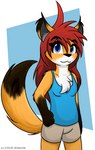 anthro bottomwear clothing female hair shorts smile solo tan_bottomwear tan_clothing tan_shorts jknewlife sara_aria canid canine fox mammal hi_res