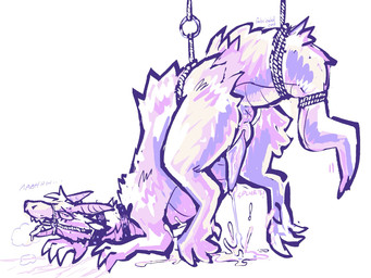 anus bdsm bodily_fluids bondage bound claws collar cum cum_on_ground ejaculation feral fur gag gagged genital_fluids genitals hands-free horn male muzzle_(object) penis simple_background snout solo suspension suspension_bondage tail tapering_penis tongue fabricatedcat mythology dragon furred_dragon furred_scalie mythological_creature mythological_scalie scalie 4:3 hi_res