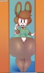 absurd_res animal_crossing anthro big_butt blush bottom_heavy bottomless breasts butt carmen_(animal_crossing) clothed clothing dongitos doorframe dress female hair hi_res huge_butt huge_hips huge_thighs hyper hyper_thighs lagomorph leporid mammal nintendo rabbit short_hair solo thick_thighs wide_hips