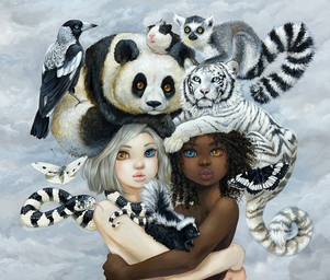 afro ambiguous_gender beak biped bob_cut brown_body brown_skin cloud cloudy_sky curly_hair dark_body dark_skin double_lobe_lip double_lobe_lower_lip feathers female feral fur group hair heterochromia hug kinky_hair lips looking_at_viewer nude outside sky stripes tail thick_lips triple_lobe_upper_lip white_body white_fur wings camilla_d'errico arthropod avian bear bird caviid corvid felid giant_panda guinea_pig human insect lemur lepidopteran magpie_(corvid) mammal mephitid moth oscine pantherine passerine primate reptile ring-tailed_lemur rodent scalie skunk snake strepsirrhine tiger dark_theme formal_art hi_res light_theme painting_(artwork) traditional_media_(artwork) traditional_painting_(artwork)