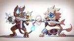 anthro black_body black_fur blue_fire circlet claws clothed clothing colored_fire duo fire fur male melee_weapon partially_clothed partially_clothed_anthro sword weapon white_body white_fur yellow_eyes taikodama bandai_namco digimon coronamon digimon_(species) spadamon hi_res