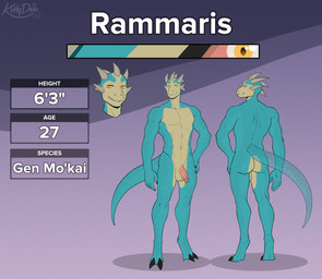 anthro balls biped butt claws countershade_torso countershading feet fingers front_view genitals horn looking_at_viewer male navel nude nude_anthro nude_male penis rear_view smile solo standing tail toes kittydee epic_games unreal_(series) rammaris_(maaarked_one) alien gen_mo'kai 2026 digital_drawing_(artwork) digital_media_(artwork) model_sheet
