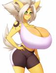 anthro anthrofied big_breasts blush breasts chest_tuft cleavage clothed clothing female fur green_eyes hair huge_breasts hyper hyper_breasts looking_at_viewer pokemorph smile solo tan_hair tattoo tuft yellow_body yellow_fur nemesisprime909 nintendo pokemon ruby_(pelleelle) eeveelution generation_1_pokemon jolteon pokemon_(species) absurd_res hi_res